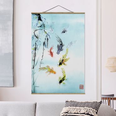Stoffbild mit Posterleisten - Japanische Aquarell Zeichnung Goldfische I - Hochformat 2:3