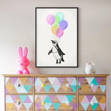 Bild mit Rahmen - Illustration Pinguin Pastell Luftballons - Hochformat 4:3