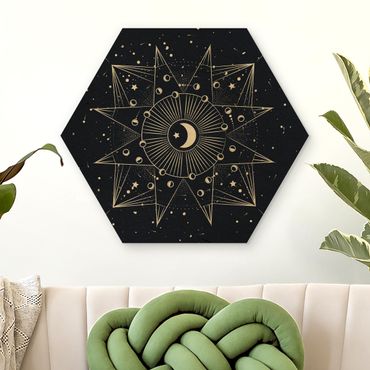 Hexagon-Holzbild - Astrologie Mond Magie Blau Gold