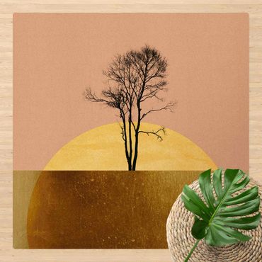 Kork-Teppich - Goldene Sonne mit Baum - Quadrat 1:1