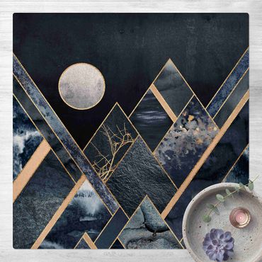 Kork-Teppich - Goldener Mond abstrakte schwarze Berge - Quadrat 1:1