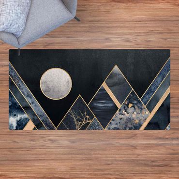 Kork-Teppich - Goldener Mond abstrakte schwarze Berge - Querformat 2:1