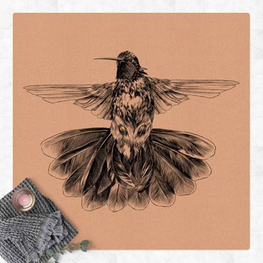 Kork-Teppich - Illustration fliegender Kolibri Schwarz - Quadrat 1:1