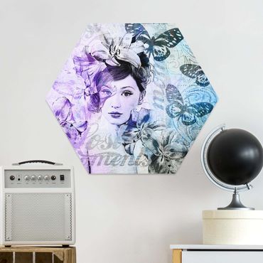 Hexagon-Forexbild - Shabby Chic Collage - Portrait mit Schmetterlingen
