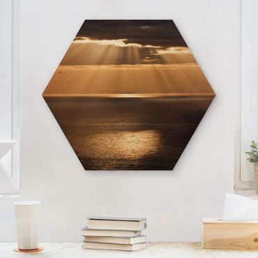 Hexagon-Holzbild - Sonnenstrahlen über dem Meer