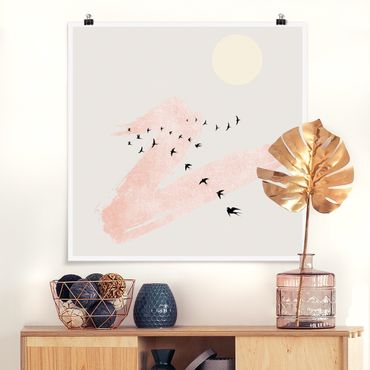 Poster - Vogelschwarm vor Rosa Himmel - Quadrat 1:1