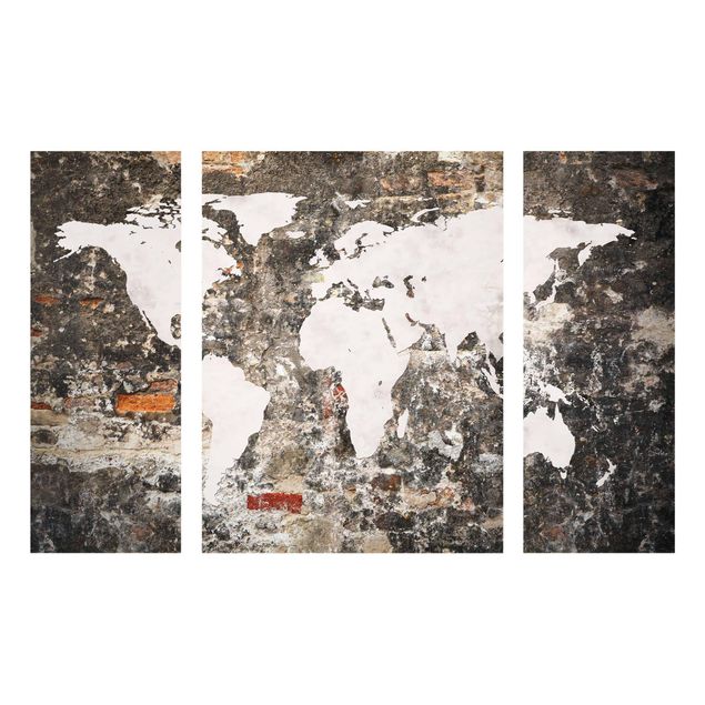 Glasbild mehrteilig - Alte Mauer Weltkarte 3-teilig