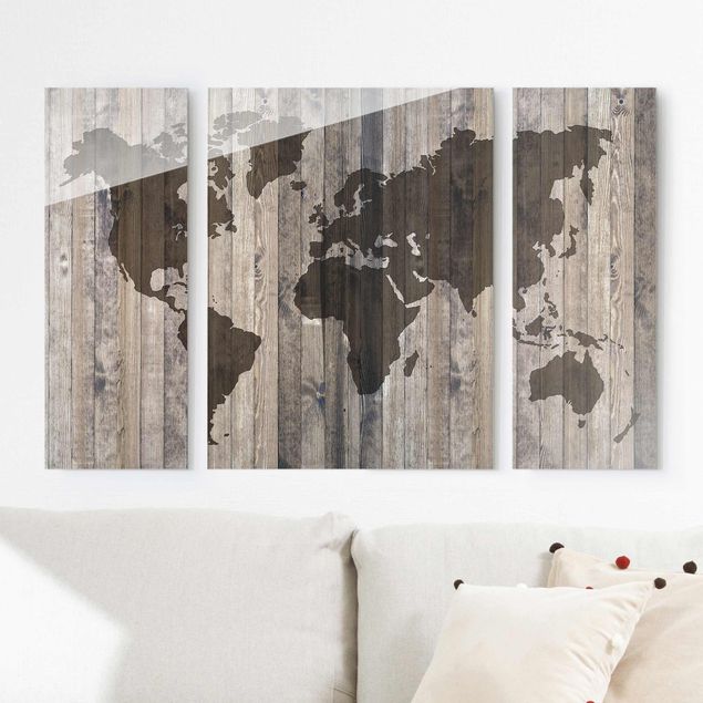 Glasbild mehrteilig - Holz Weltkarte 3-teilig