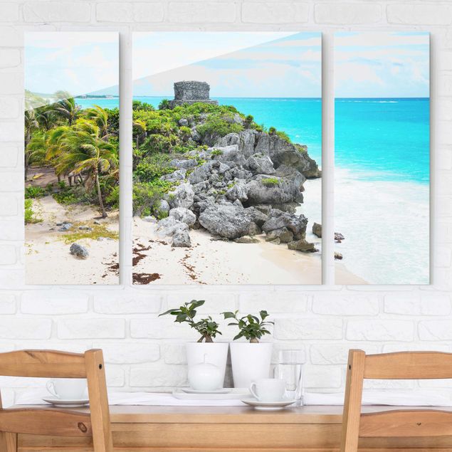 Glasbild mehrteilig - Karibikküste Tulum Ruinen 3-teilig