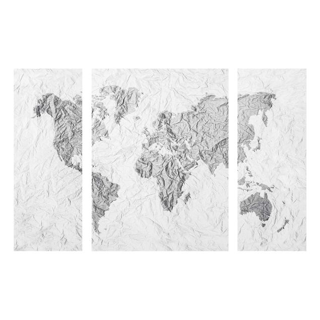 Glasbild mehrteilig - Papier Weltkarte Weiß Grau 3-teilig