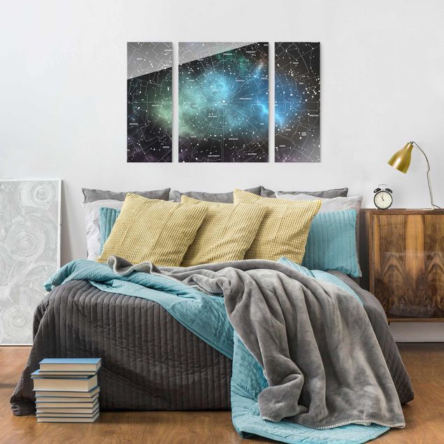 Glasbild mehrteilig - Sternbilder Karte Galaxienebel 3-teilig
