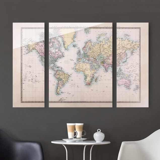 Glasbild mehrteilig - Vintage Weltkarte um 1850 3-teilig