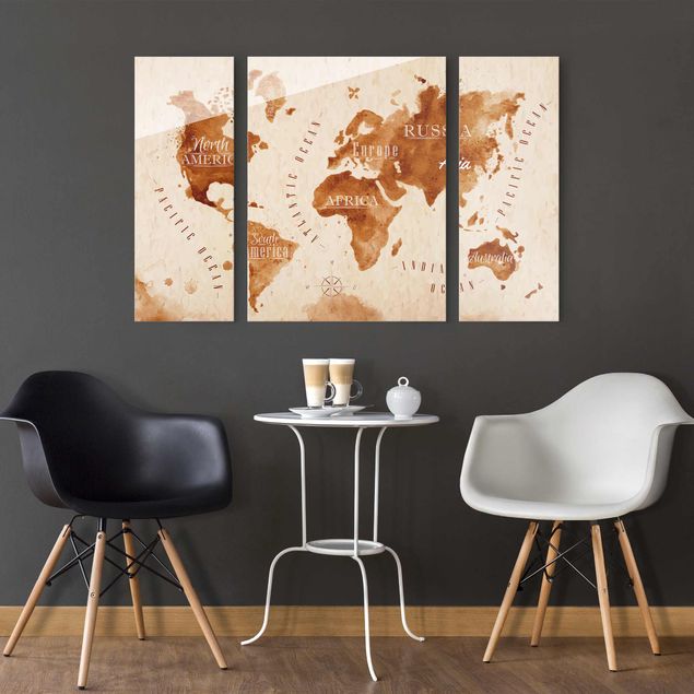 Glasbild mehrteilig - Weltkarte Aquarell beige braun 3-teilig