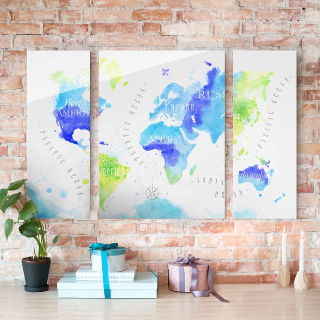 Glasbild mehrteilig - Weltkarte Aquarell blau grün 3-teilig