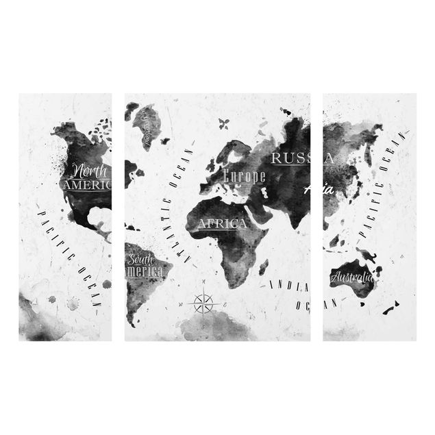 Glasbild mehrteilig - Weltkarte Aquarell schwarz 3-teilig