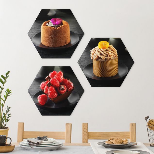 Hexagon Bild Forex 3-teilig - Schokoladentörtchen mit Himbeeren