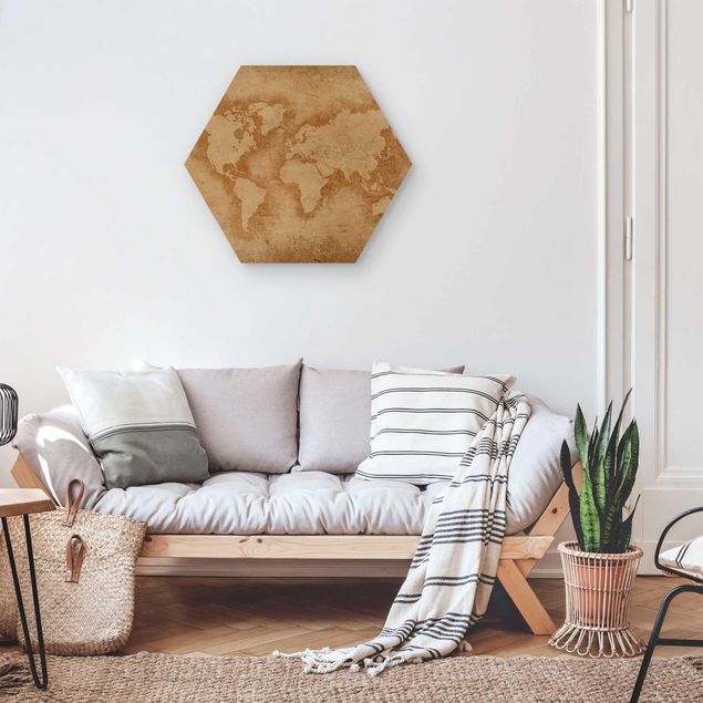 Hexagon Bild Holz - Antike Weltkarte