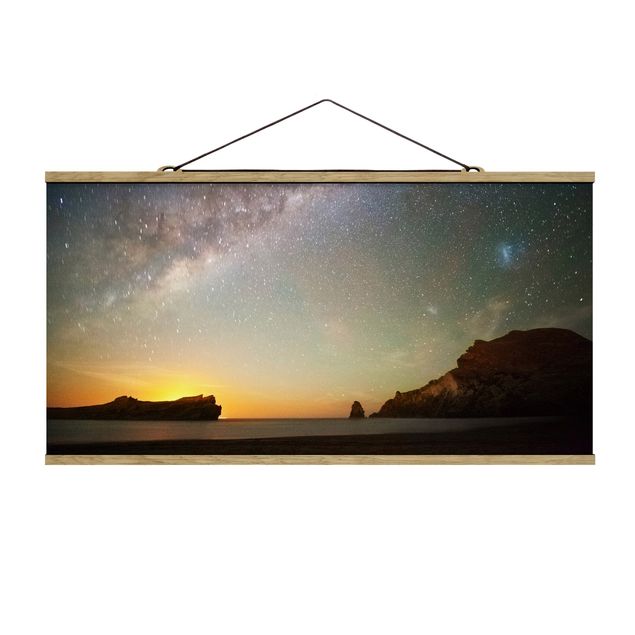 Stoffbild mit Posterleisten - Sternenhimmel über dem Meer - Querformat 2:1