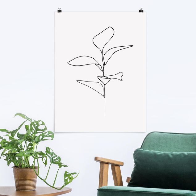 Poster - Line Art Pflanze Blätter Schwarz Weiß - Hochformat 4:3