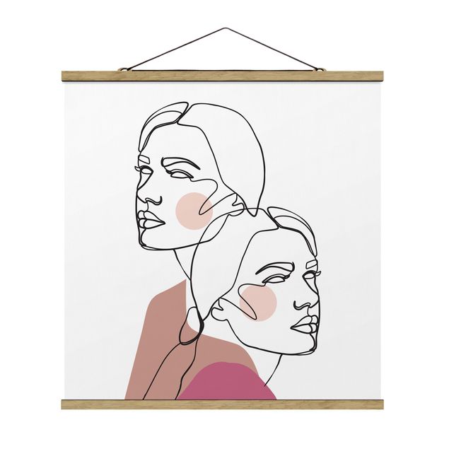 Stoffbild mit Posterleisten - Line Art Frauen Portrait Wangen Rosa - Quadrat 1:1