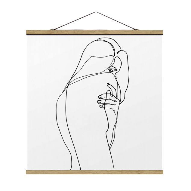 Stoffbild mit Posterleisten - Line Art Frauenakt Schulter Schwarz Weiß - Quadrat 1:1