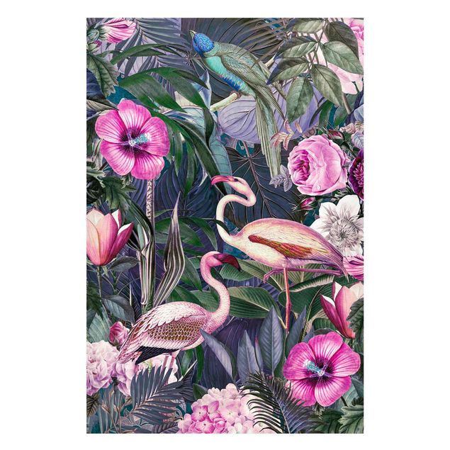 Magnettafel - Bunte Collage - Pinke Flamingos im Dschungel - Memoboard Hochformat 3:2