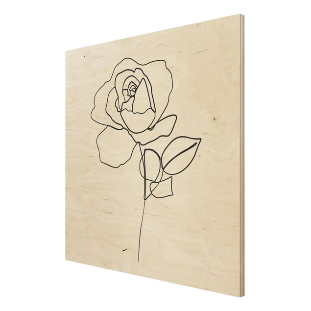 Holzbild - Line Art Rose Schwarz Weiß - Quadrat 1:1