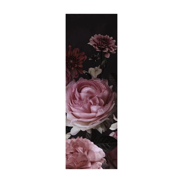 Teppich Natur Rosa Blumen auf Schwarz Vintage
