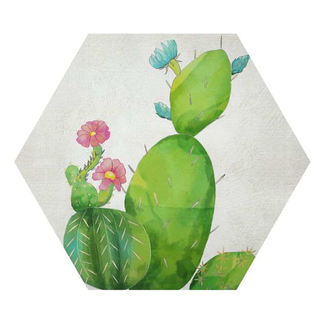 Hexagon Bild Alu-Dibond - Kaktusfamilie rosa türkis