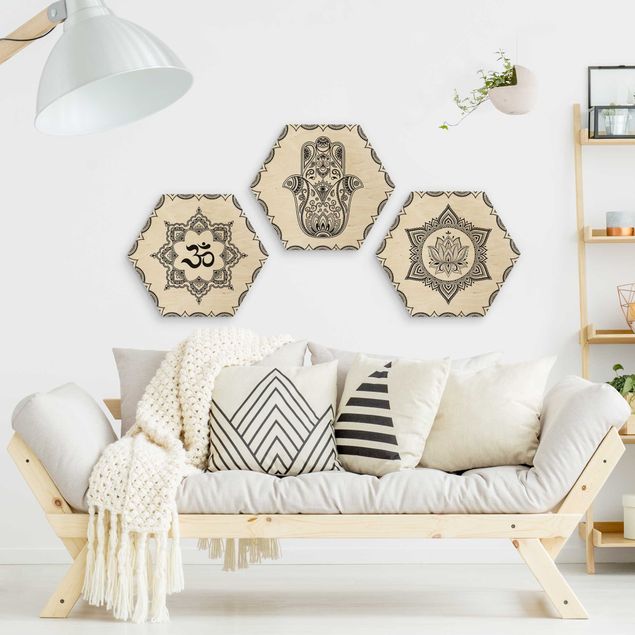 Hexagon Bild Holz 3-teilig - Hamsa Hand Lotus OM Illustration Set Schwarz Weiß