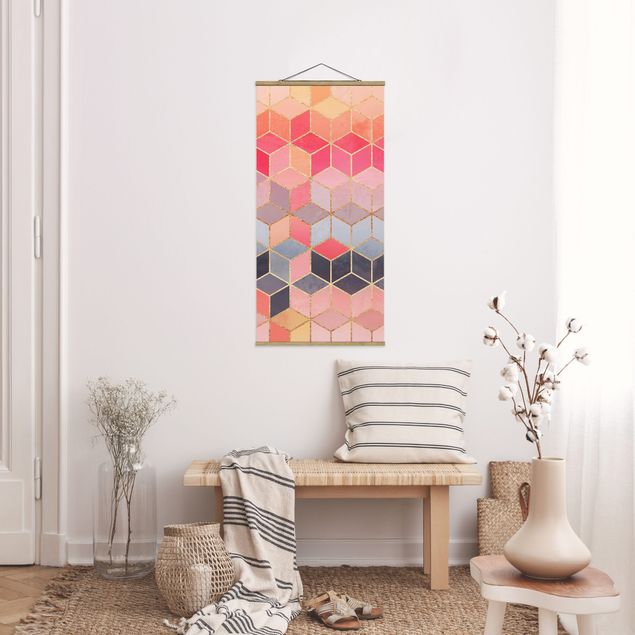 Stoffbild mit Posterleisten - Elisabeth Fredriksson - Buntes Pastell goldene Geometrie - Hochformat 1:2