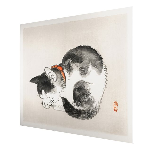 Aluminium Print gebürstet - Asiatische Vintage Zeichnung Schlafende Katze - Querformat 3:4