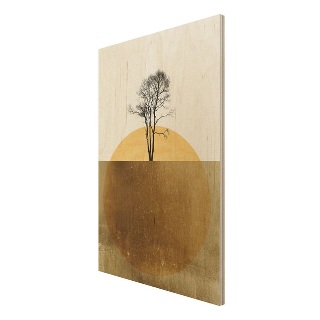 Holzbild - Goldene Sonne mit Baum - Hochformat 3:2