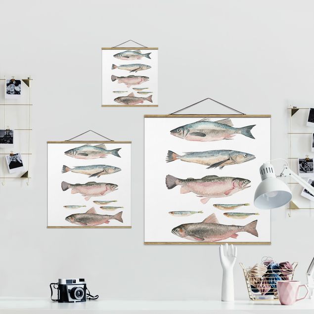 Stoffbild mit Posterleisten - Sieben Fische in Aquarell I - Quadrat 1:1