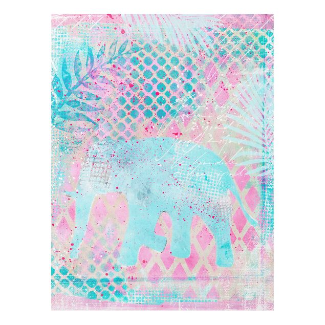 Forex Fine Art Print - Bunte Collage - Elefant in Blau und Rosa - Hochformat 4:3
