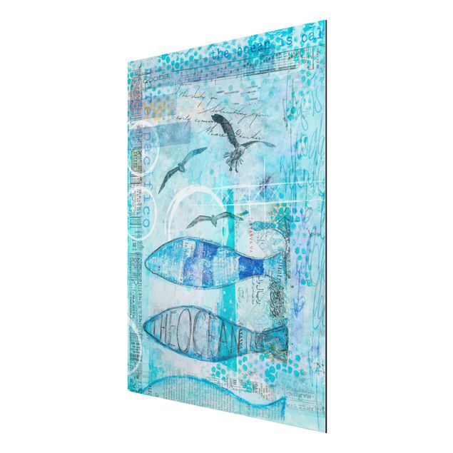 Aluminium Print gebürstet - Bunte Collage - Blaue Fische - Hochformat 4:3