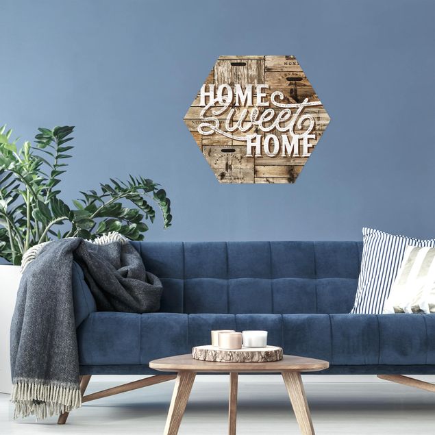 Hexagon Bild Alu-Dibond - Home sweet Home Holzwand