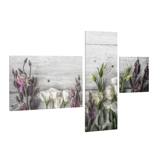 Leinwandbild 3-teilig - Tulpen-Rose Shabby Holzoptik - Collage 2