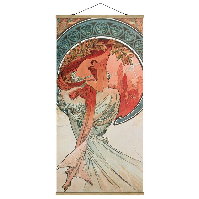 Stoffbild mit Posterleisten - Alfons Mucha - Vier Künste - Die Poesie - Hochformat 1:2
