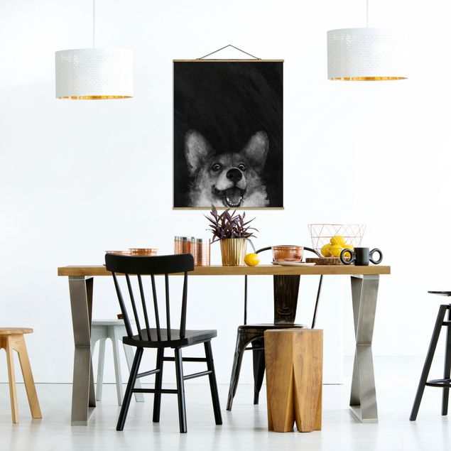 Stoffbild mit Posterleisten - Laura Graves - Illustration Hund Corgi Malerei Schwarz Weiß - Hochformat 3:4
