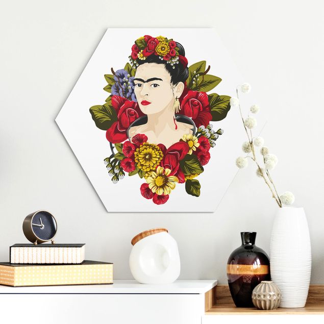 Hexagon Bild Alu-Dibond - Frida Kahlo - Rosen