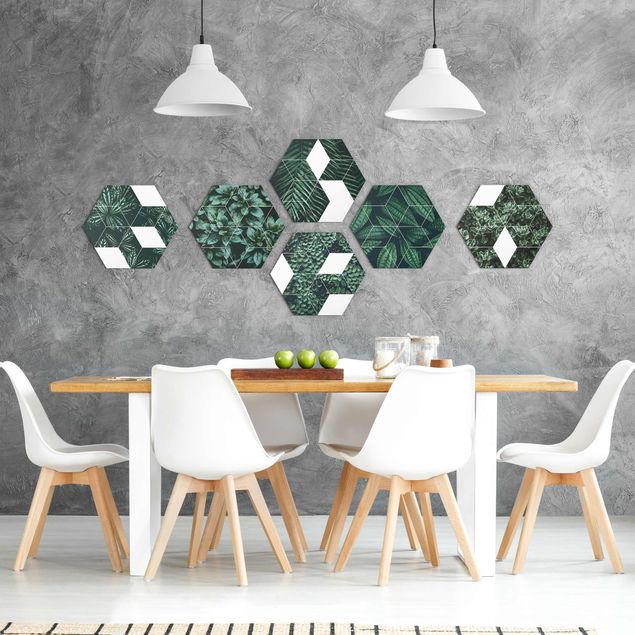 Hexagon Bild Forex 6-teilig - Grüne Blätter Geometrie Set II