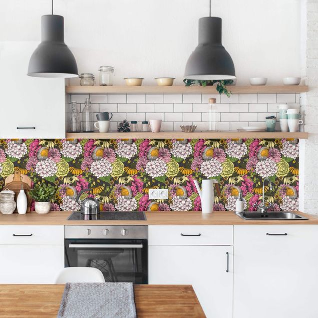 Küchenrückwand - Rotkehlchen mit Blumen