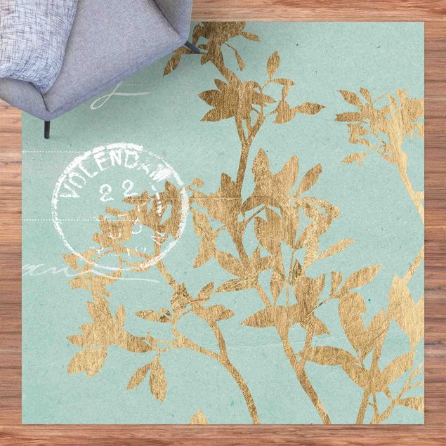 Teppich Vintage Goldene Blätter auf Turquoise II