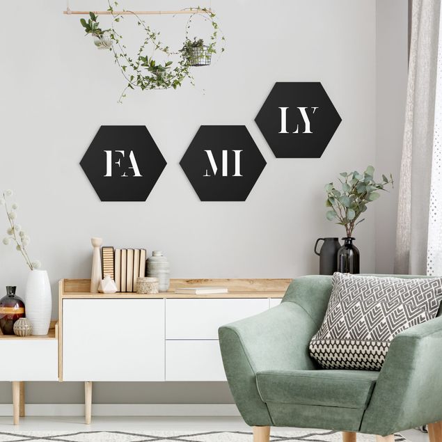 Hexagon Bild Forex 3-teilig - Buchstaben FAMILY Weiß Set I