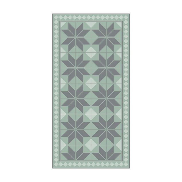 Teppich grün Geometrische Fliesen Sternblume Mintgrün mit schmaler Bordüre