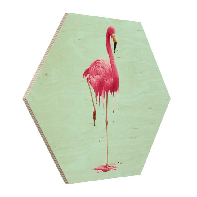Hexagon Bild Holz - Jonas Loose - Schmelzender Flamingo