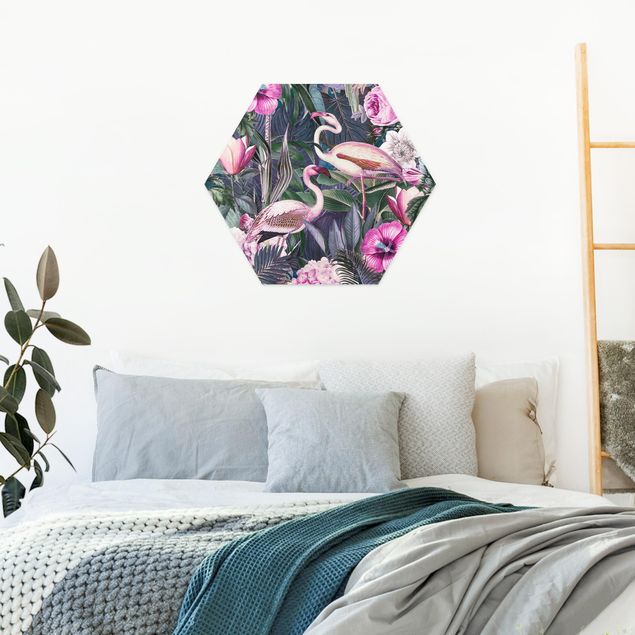 Hexagon Bild Forex - Bunte Collage - Pinke Flamingos im Dschungel