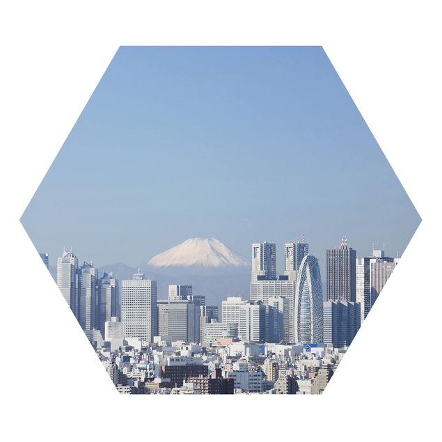 Hexagon Bild Alu-Dibond - Tokio vor dem Fuji