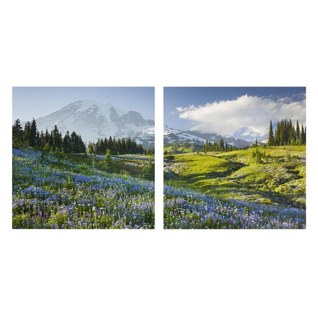 2-teiliges Leinwandbild Berg - Bergwiese mit blauen Blumen vor Mt. Rainier